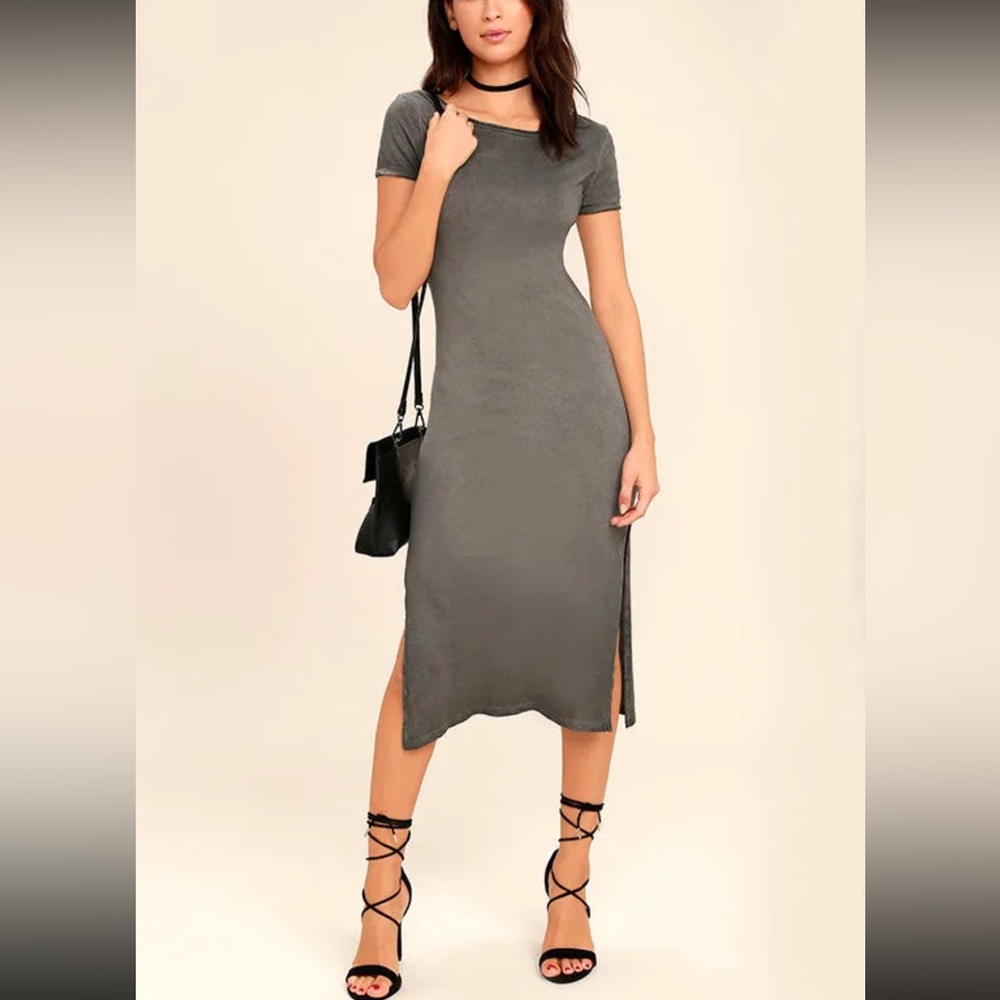 Elegant Cotton Gray Midi Dress with Side Slit